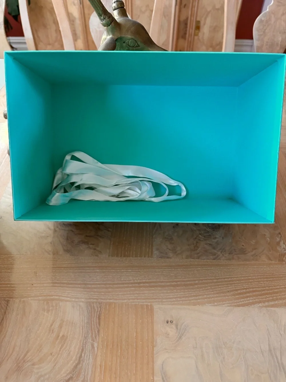 Classic Blue Tiffany Box with original white ribbon, 12 3/4” L X 8” W x 6 1/2” D